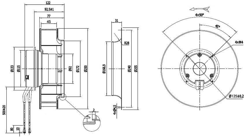 NUSSUN 133-630mm 250mm IP54 Maintenance-free Ball Bearing Metal Housing Ec Centrifugal Fan