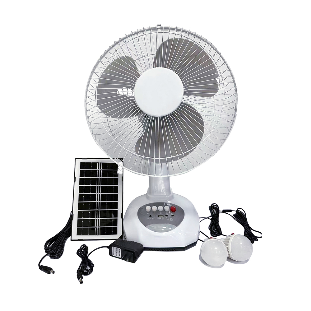 DC Fan 12inch Desk Electrical Fans For Home 3 Blade Household Solar Rechargeable Table Fan with Light Bulbs